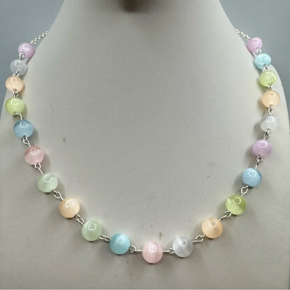 New Selenite Bead Necklace Pastel Multicolor Silver Tone Chain